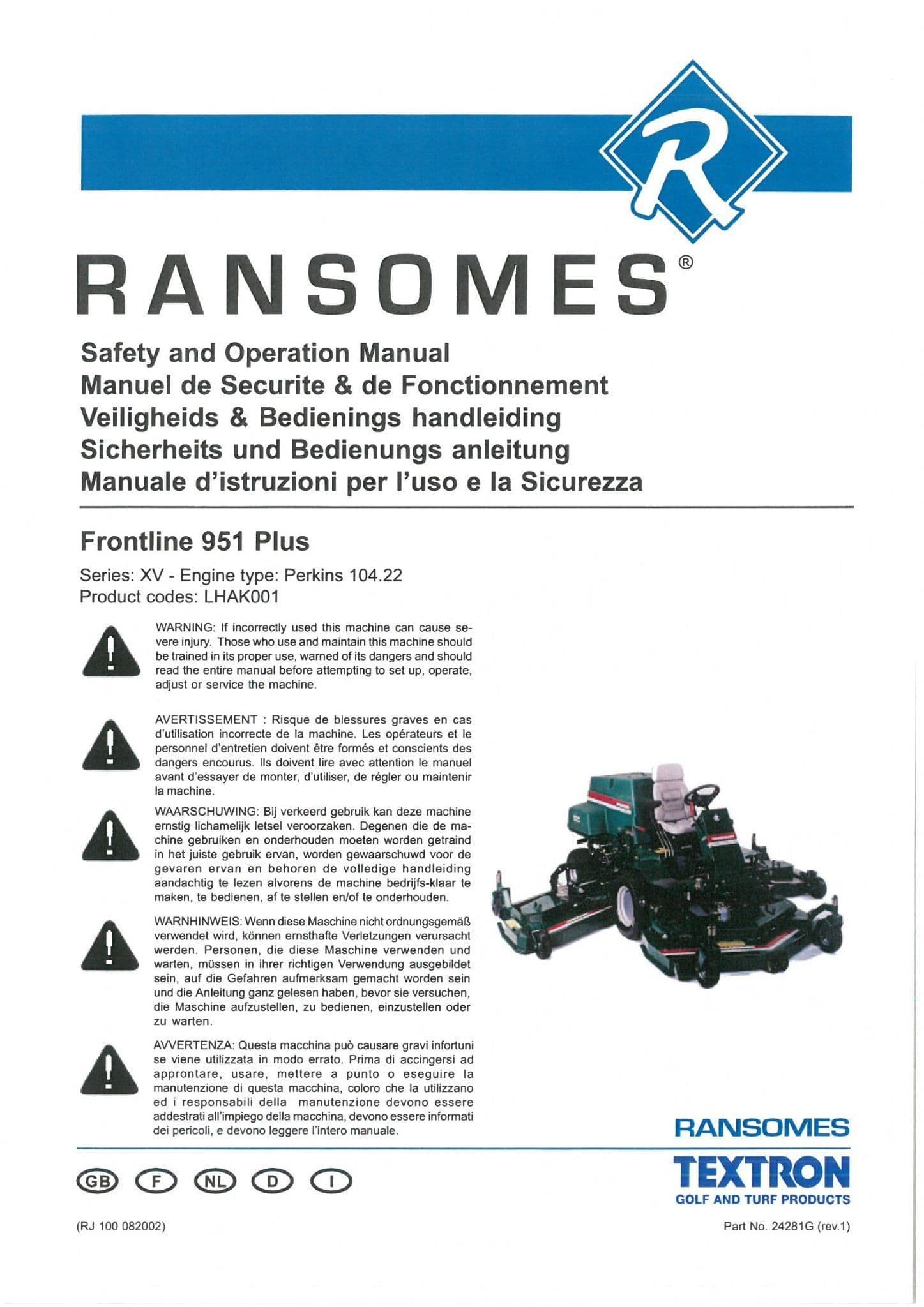 Ransomes Mower Frontline 951 Operators Manual