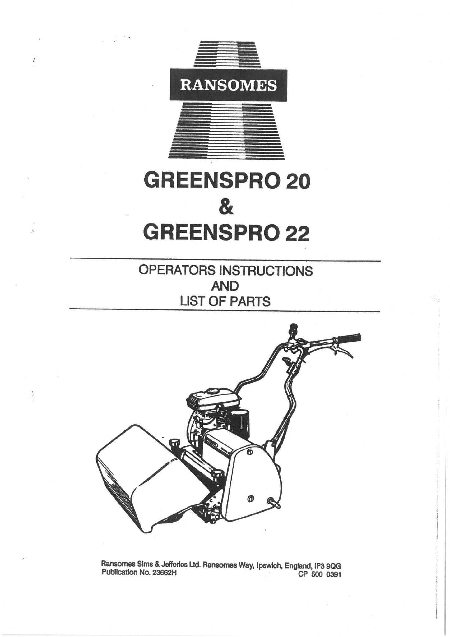 Ransomes Mower Greenspro 20 & 22 Operators Manual with Parts List