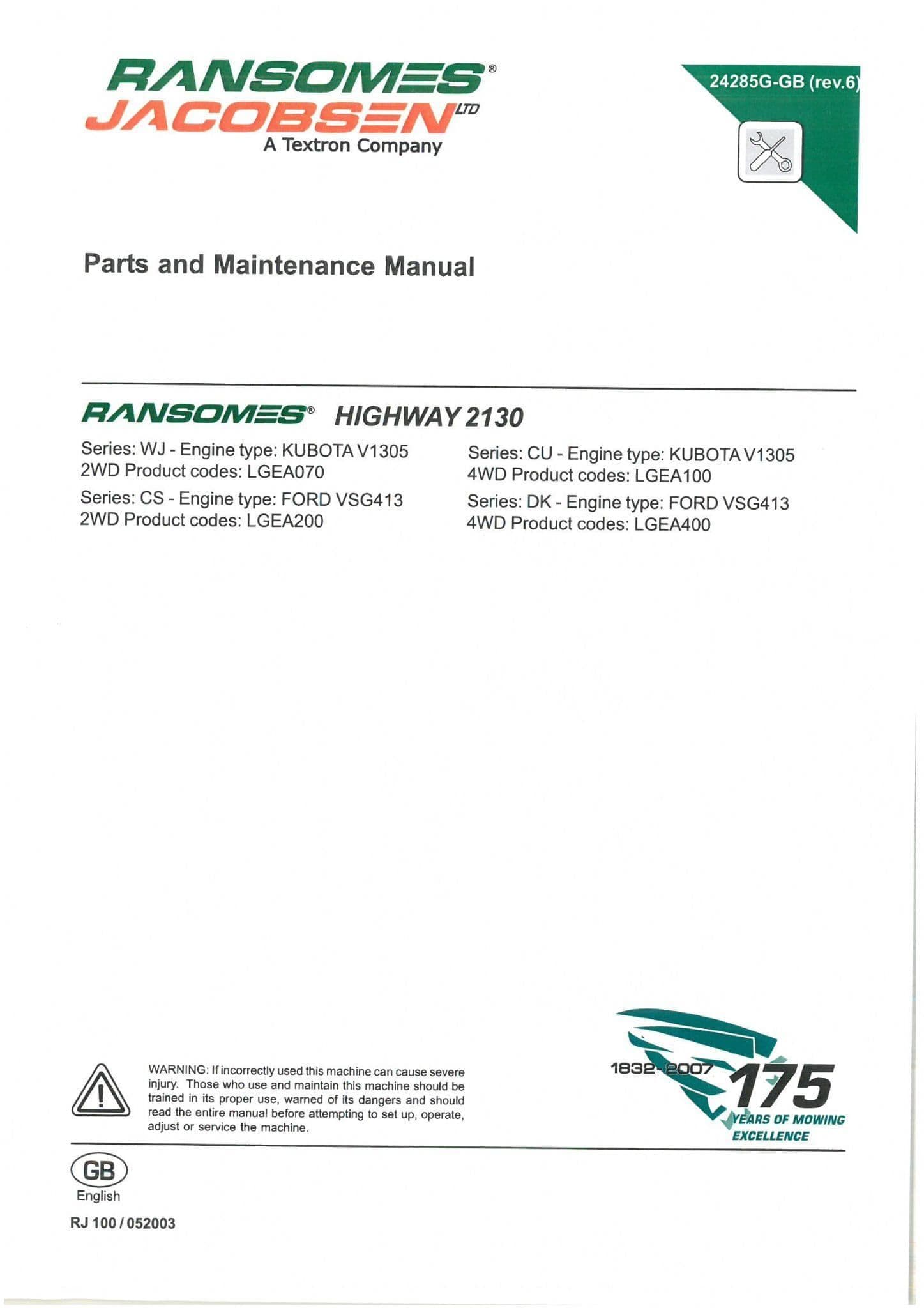 Ransomes Mower Highway 2130 Operators Manual & Parts List