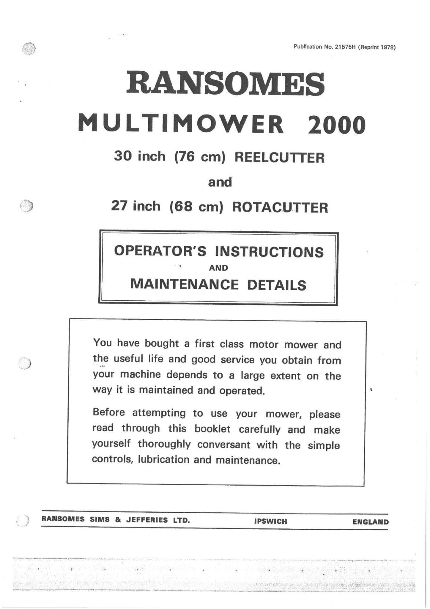 Ransomes Multimower 2000 27 & 30 Inch Operators Manual