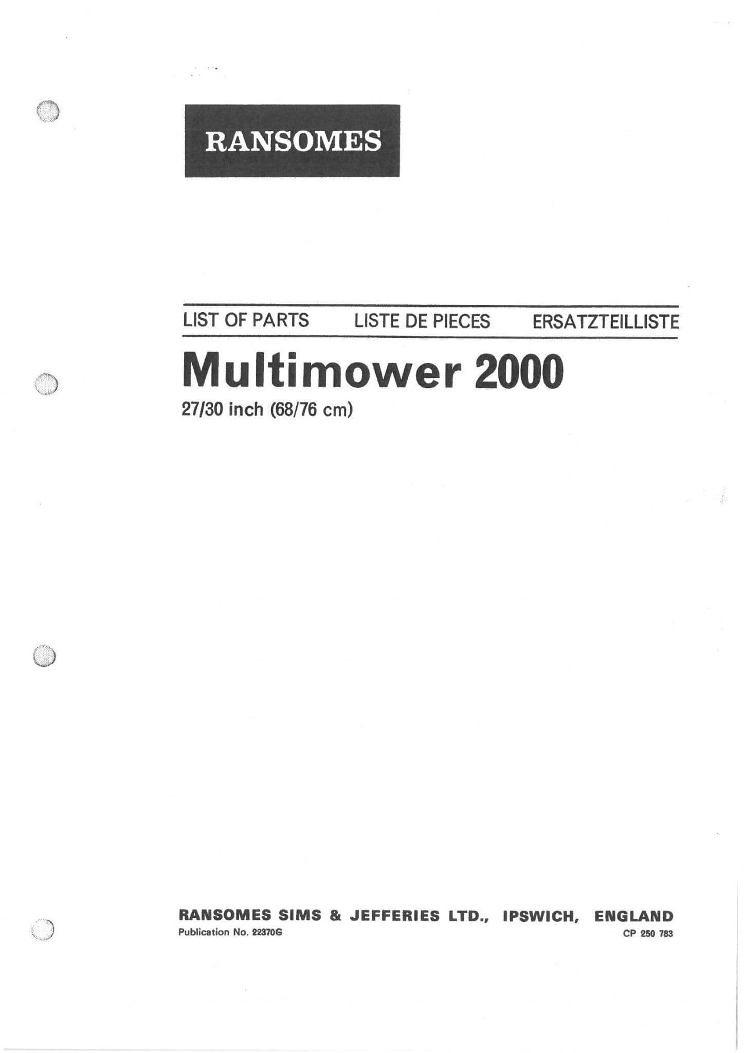 Ransomes Multimower 2000 27 & 30 Inch Parts Manual