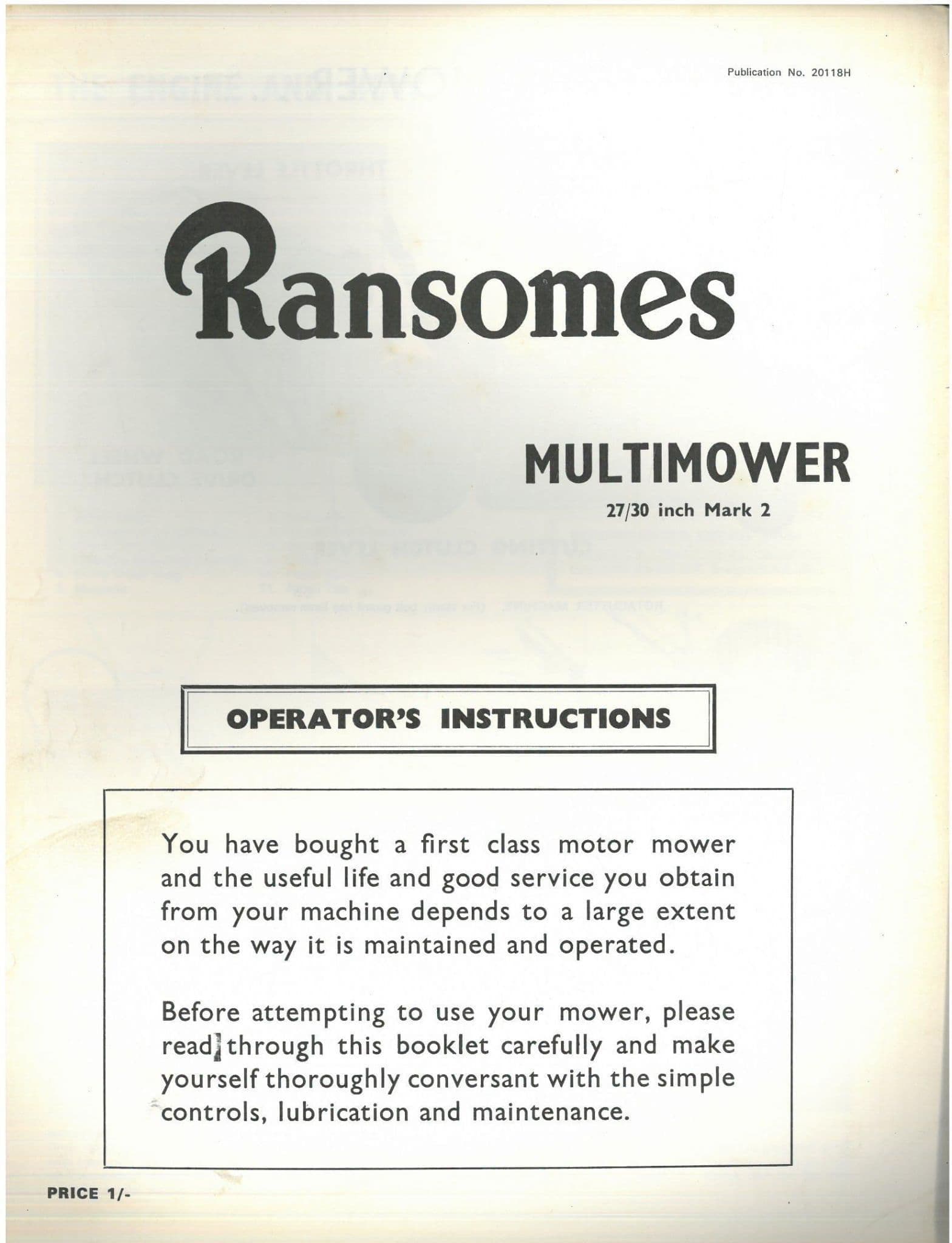 Ransomes  Multimower 27" & 30" Mark 2 Mk2 Operators Manual