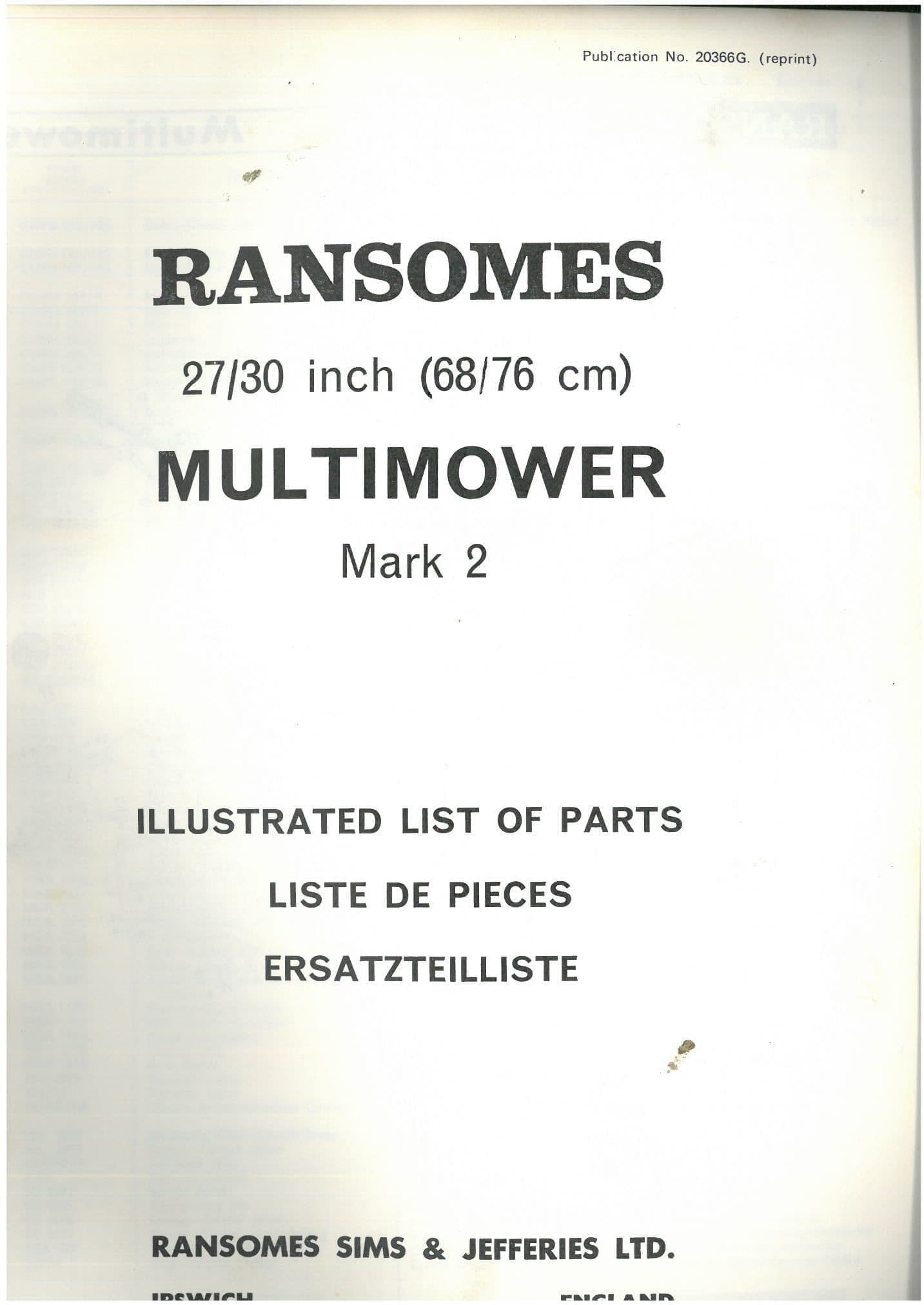 Ransomes  Multimower 27" & 30" Mark 2 Mk2 Parts Manual