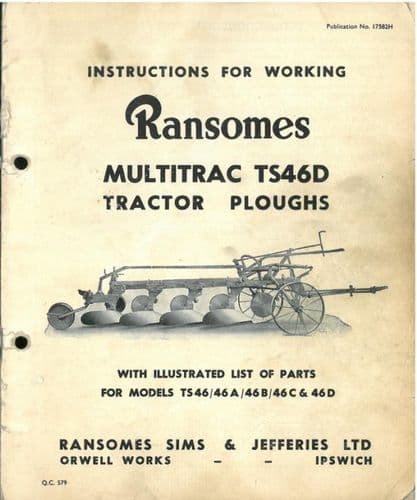 Ransomes Multitrac TS46D Trailed Plough Operating Manual with Illustrated Parts List