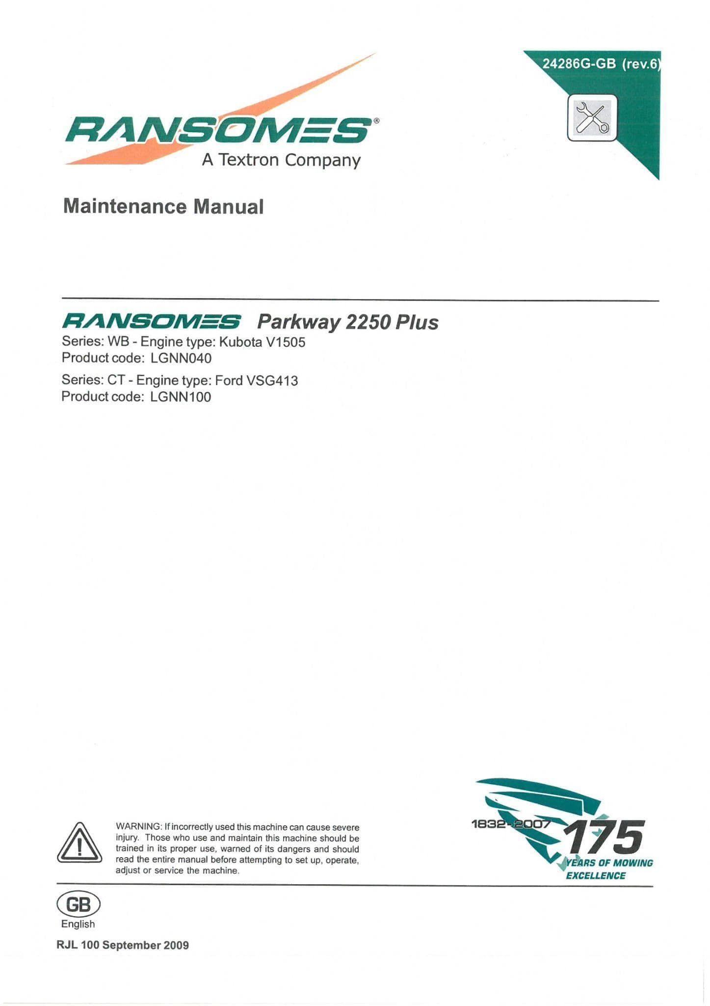 Ransomes Parkway 2250 Plus Ride On Reel Mower Maintenance Manual with Schematics