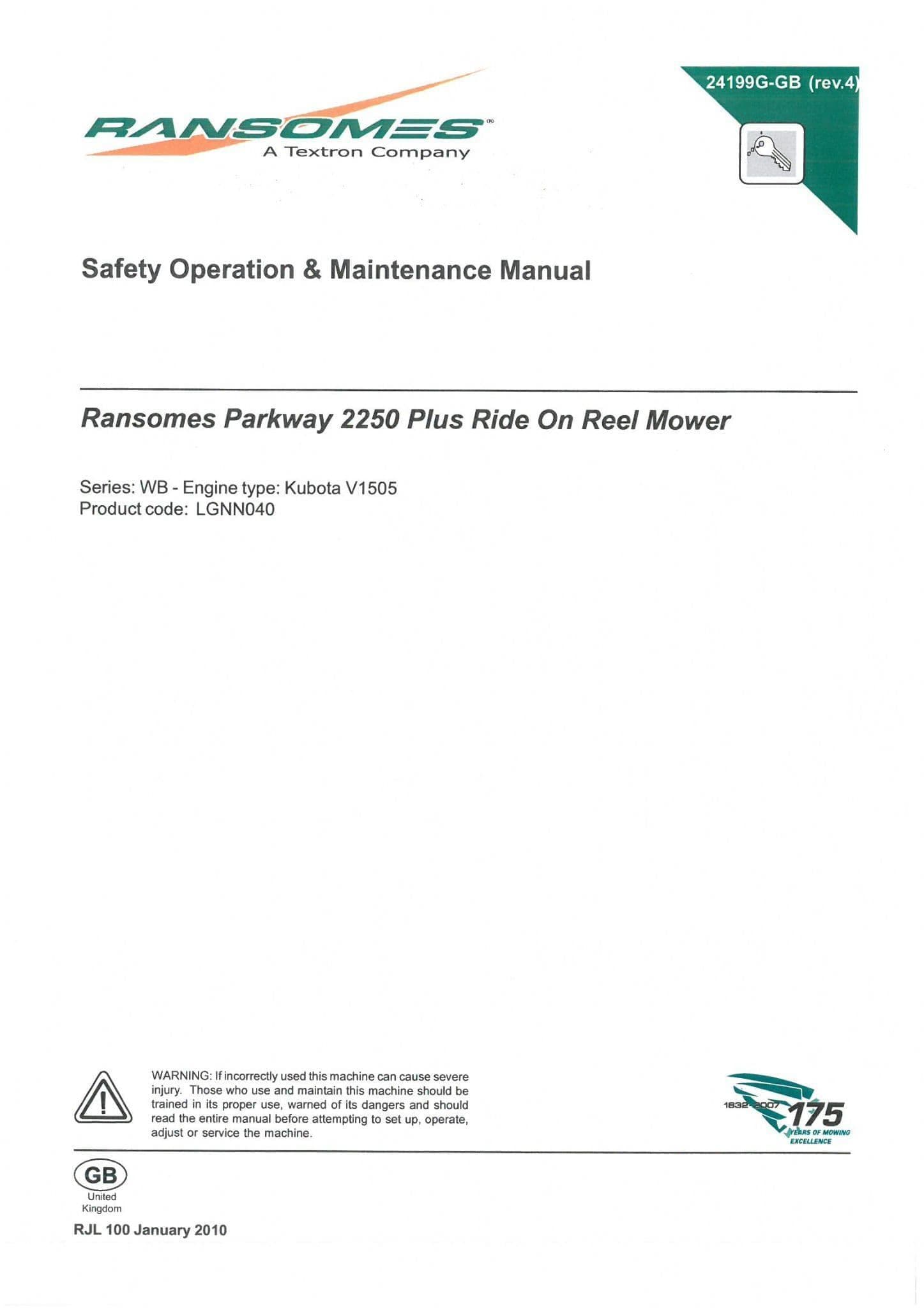Ransomes Parkway 2250 Plus Ride On Reel Mower Operators Manual
