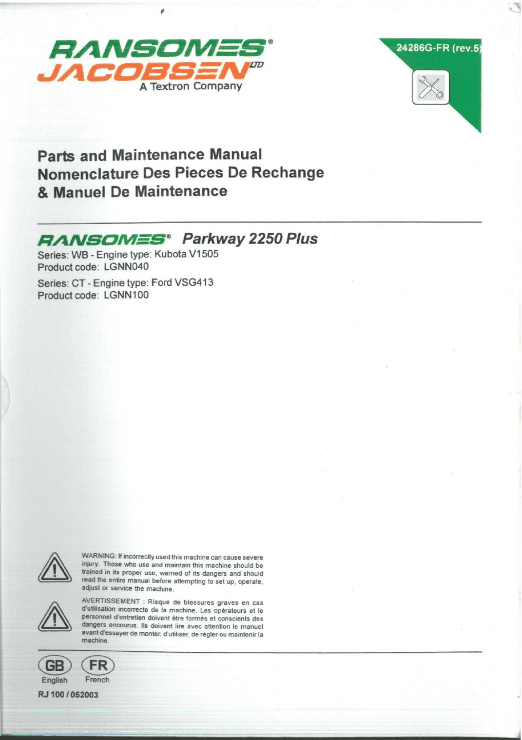 Ransomes Parkway 2250 Plus Ride On Reel Mower Operators Manual with Parts List