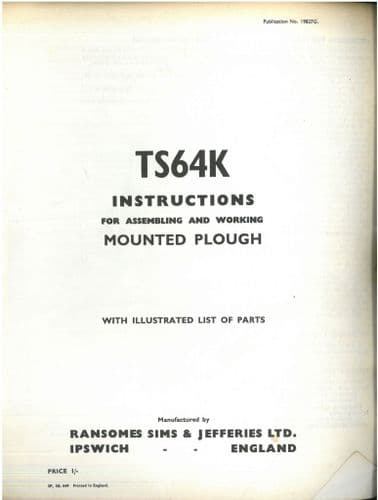 Ransomes Plough TS64 K Mounted Plough Operator & Parts Manual - TS64K