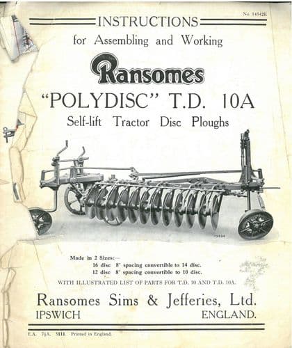 Ransomes Polydisc Self Lift Tractor Disc Plough TD10A Operators Manual with Parts List