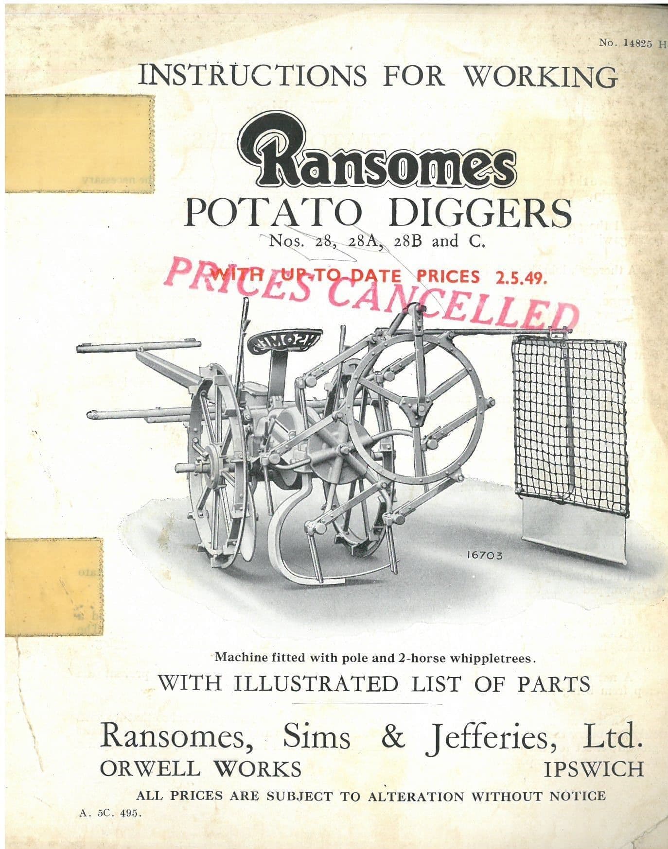 Ransomes Potato Digger No 28 28A 28B & C Operators Manual with Parts List