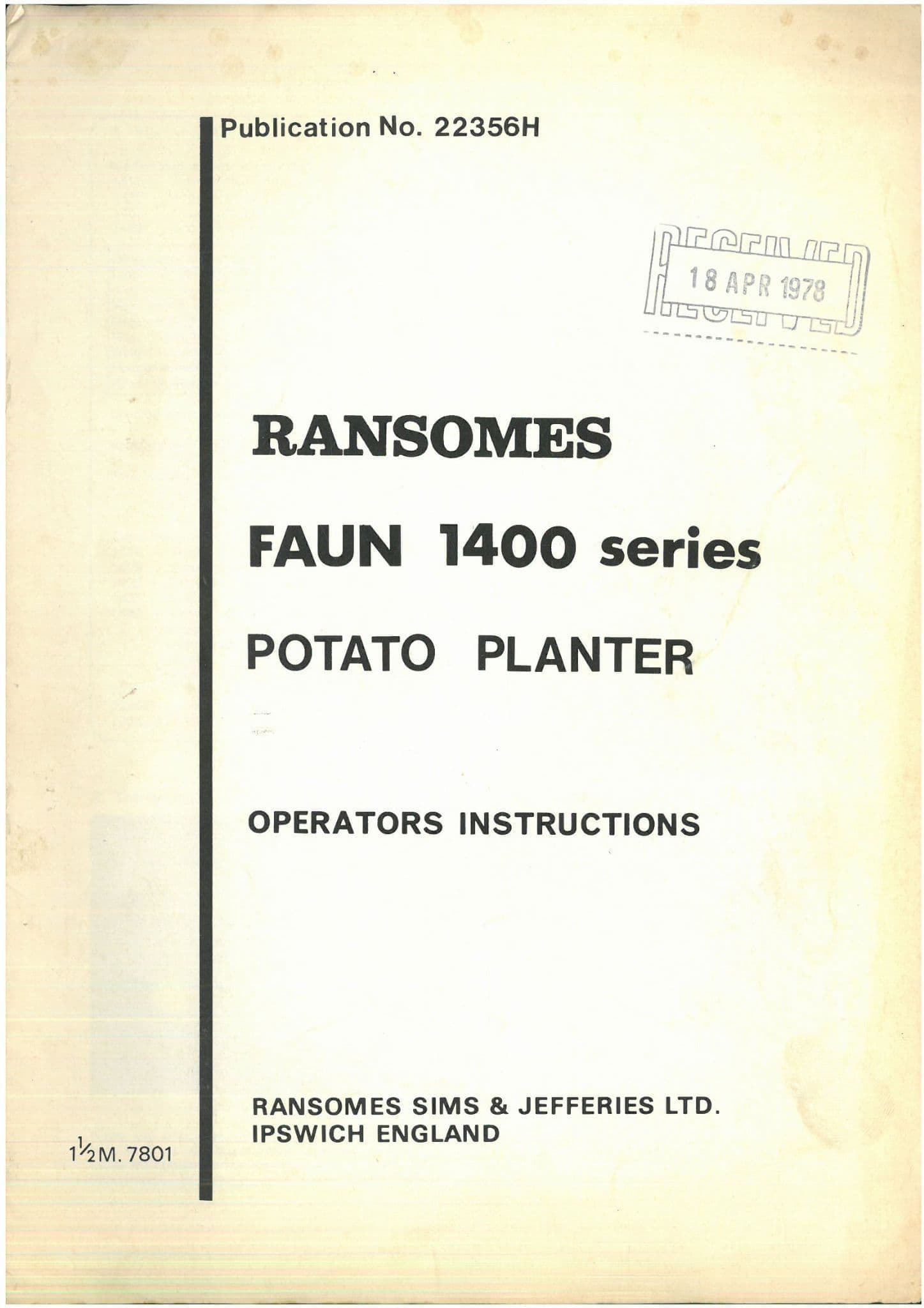 Ransomes Potato Planter Faun 1400 Series Operators Manual