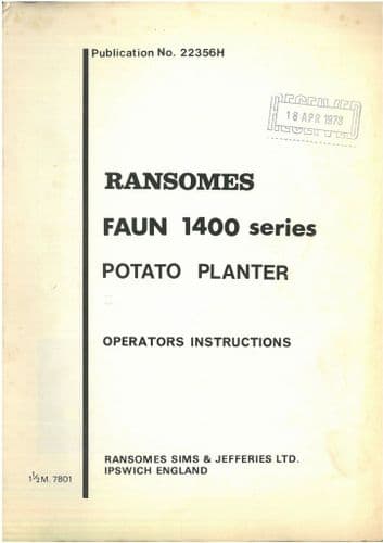 Ransomes Potato Planter Faun 1400 Series Operators Manual