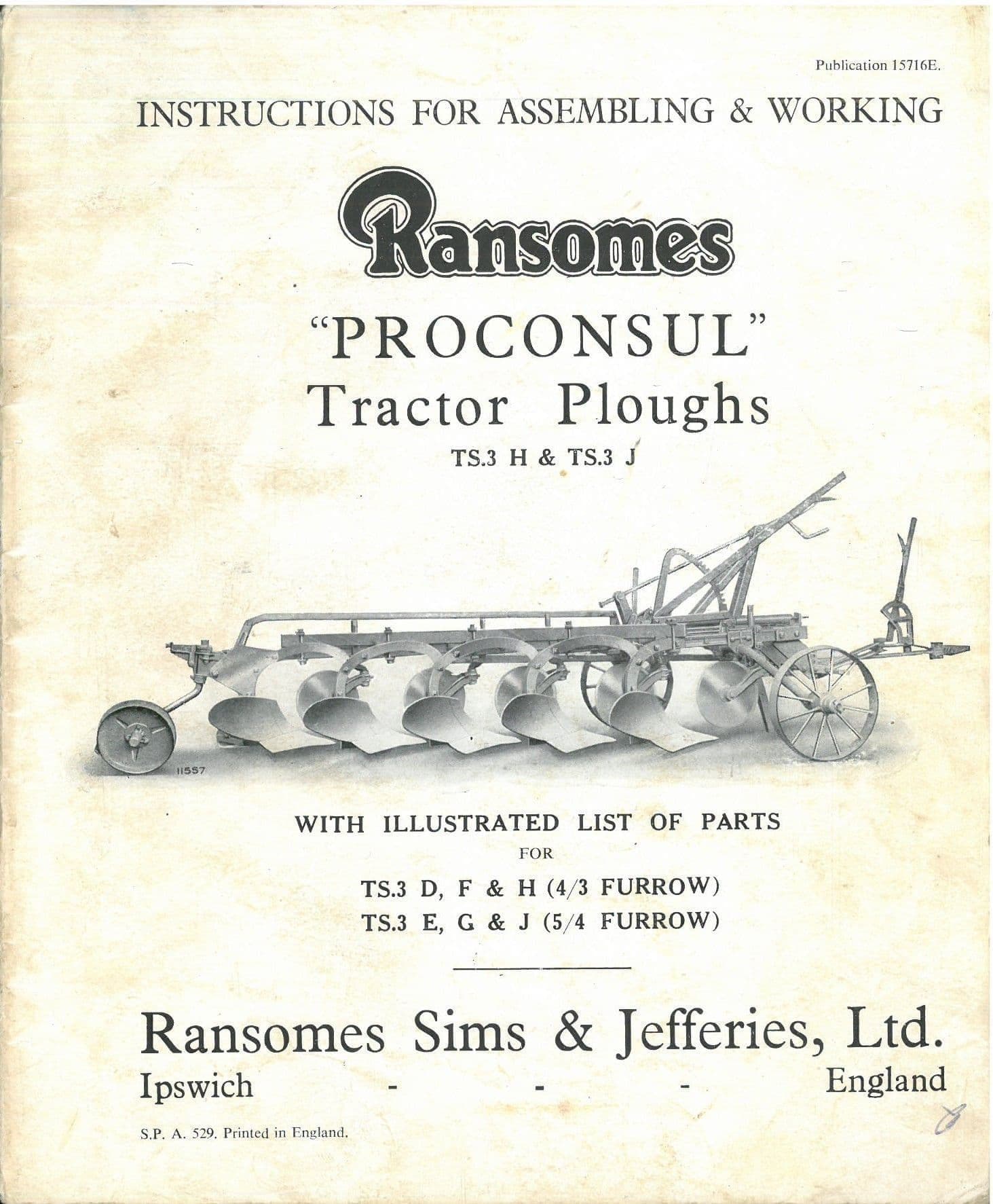Ransomes Proconsul Tractor Plough TS3H & TS3J Operators Manual & Parts List