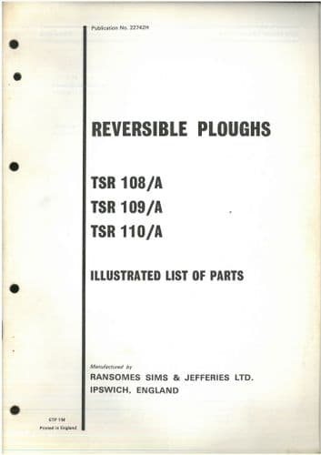Ransomes Reversible Plough TSR 108/A 109/A 110/A Parts Manual - TSR108/A TSR109/A TSR110/A