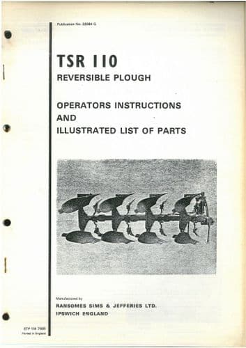 Ransomes Reversible Plough TSR 110 Operators and Parts List Manual - TSR110