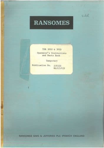 Ransomes Reversible Plough TSR 300S 300D Operators Manual with Parts List
