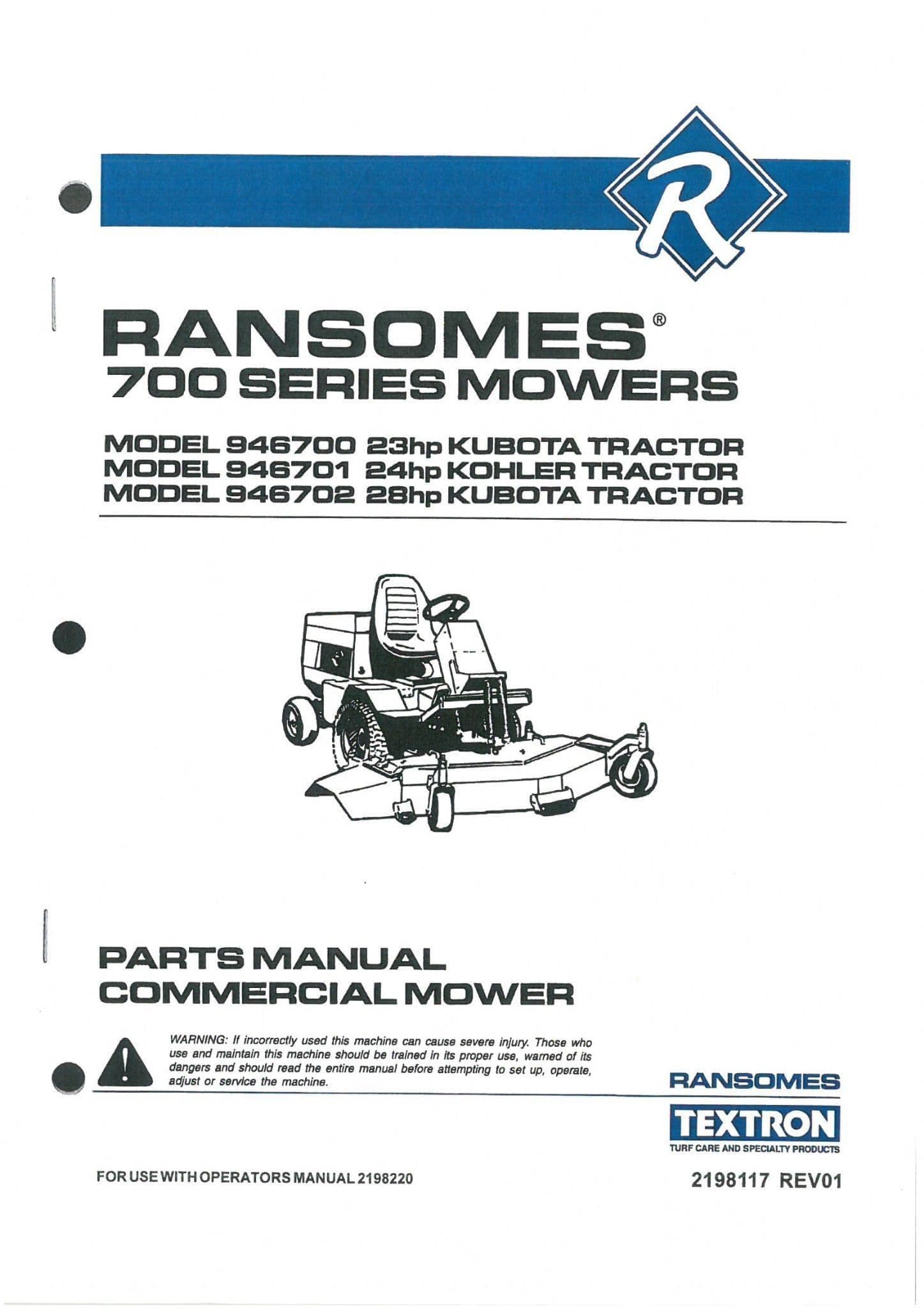 Ransomes Rotary Commercial Mower 946700 946701 & 946702 Parts Manual