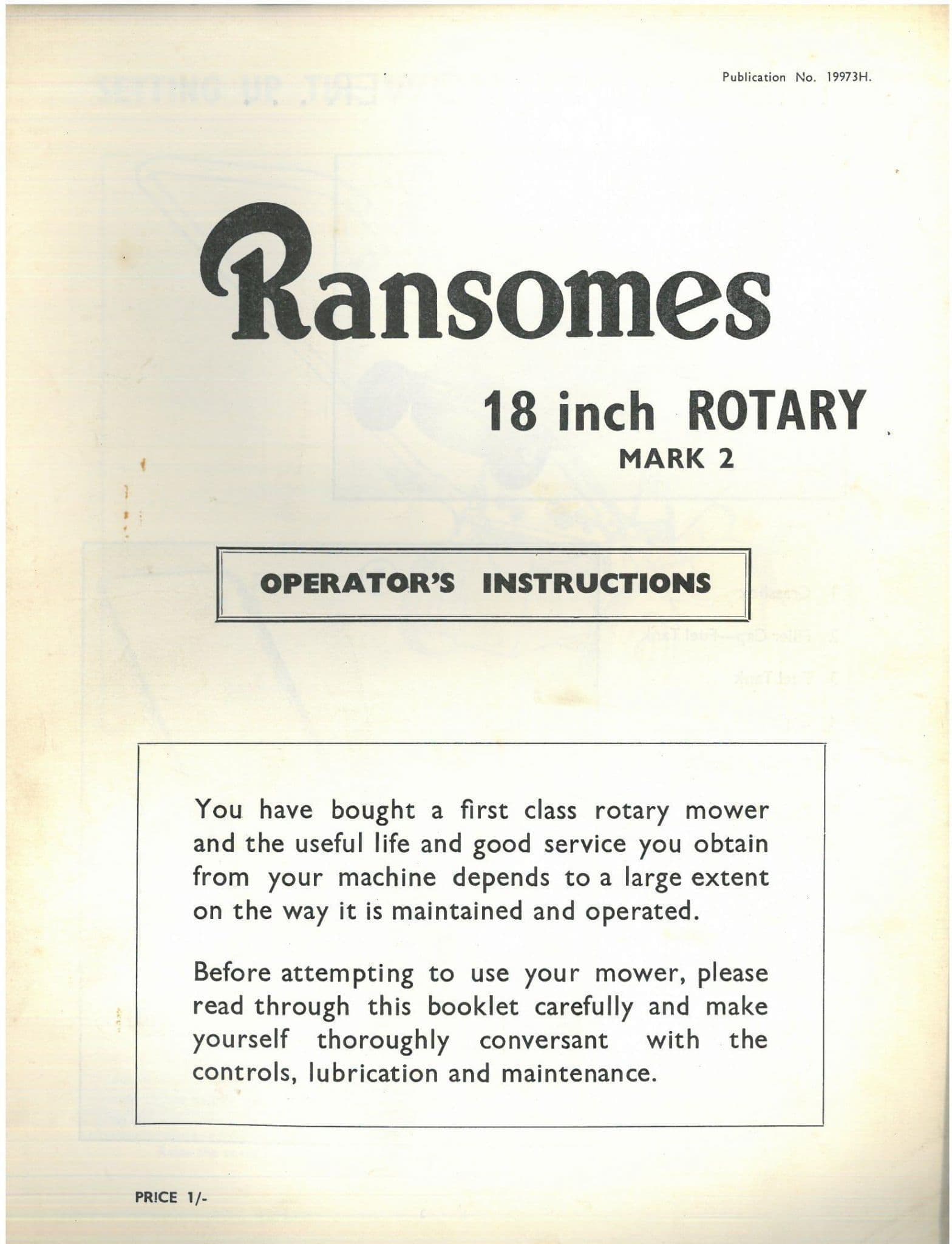 Ransomes Rotary Motor Mower 18" Mark 2 Mk2 Operators Manual