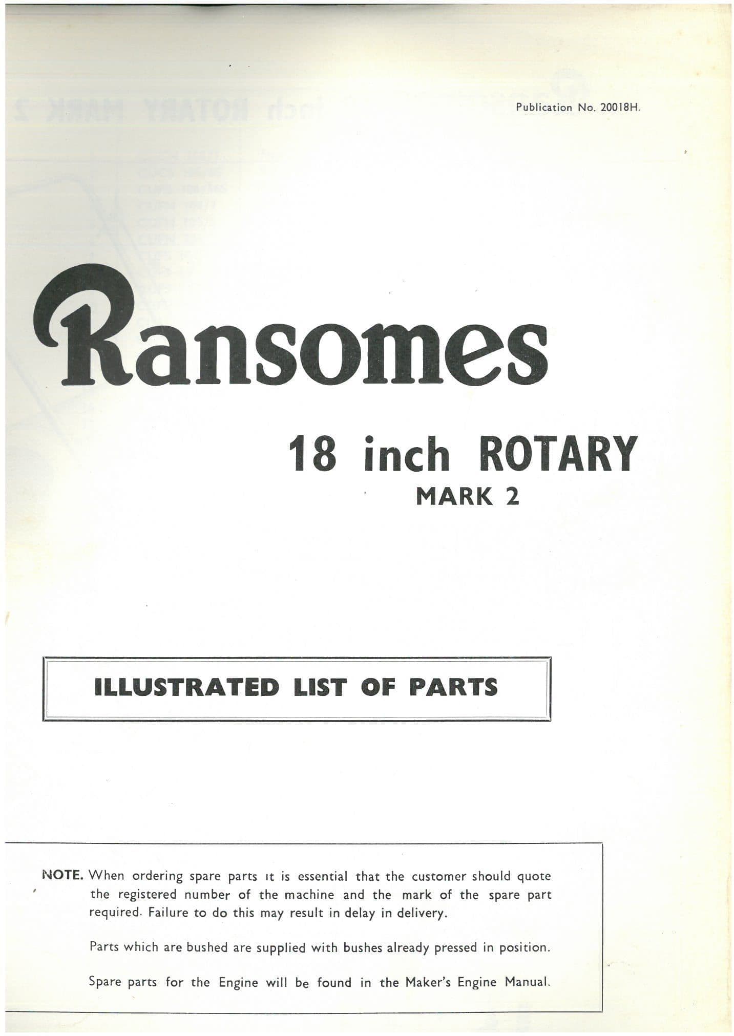 Ransomes Rotary Motor Mower 18" Mark 2 Mk2 Parts Manual