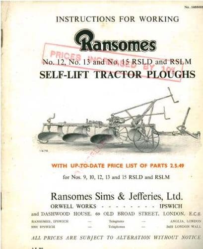 Ransomes RSLD & RSLM 12, 13 & 15 Self Lift Tractor Plough Operators Manual and Parts List