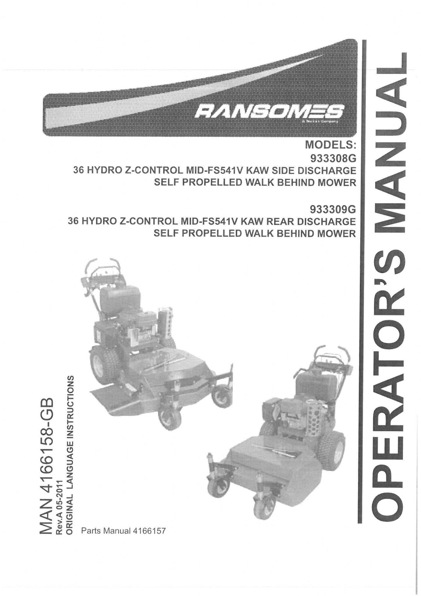 Ransomes Self Propelled Walk Behind Mower  933308G & 933309G Operators Manual