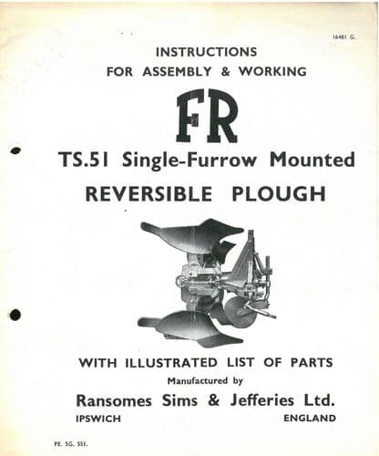 Ransomes Single Furrow Mounted Reversible TS51 Operators Manual with Parts List
