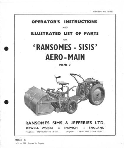 Ransomes Sisis Aero-Main Mower Lawnmower (mark 7) Operators Manual with Parts List