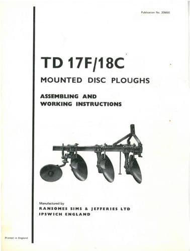 Ransomes TD17F and TD18C Mounted Disc Plough Operators Manual with Parts List