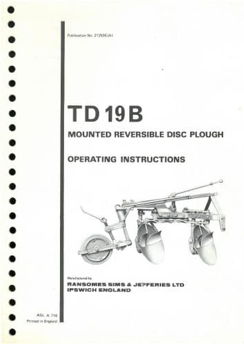 Ransomes TD19B Mounted Reversible Disc Plough Operators Manual with Parts List