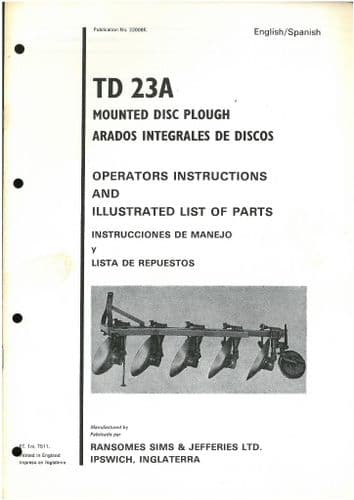 Ransomes TD23A Mounted Disc Plough Operators Manual with Parts List