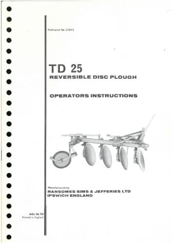 Ransomes TD25 Mounted Reversible Disc Plough Operators Manual with Parts List
