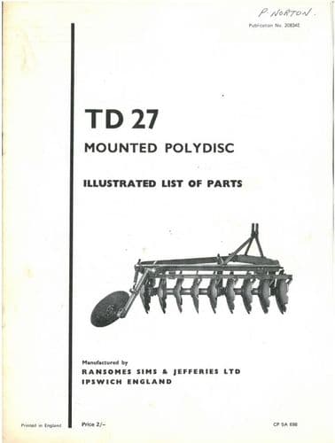 Ransomes TD27 Mounted Polydisc Plough Parts List