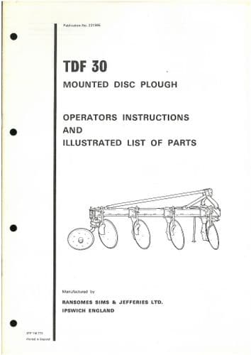 Ransomes TDF30 Mounted Disc Plough Operators Manual with Parts List - TDF 30