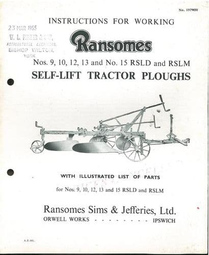 Ransomes Tractor Plough Nos 9, 10, 12, 13 & No 15 RSLD & RSLM Operators Manual and Parts List