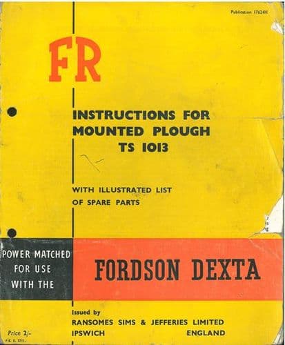 Ransomes TS1013 FR Mounted Plough Operators Manual with Parts List
