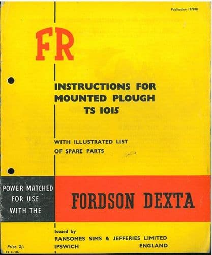 Ransomes TS1015 Mounted Plough Operators Manual with Parts List