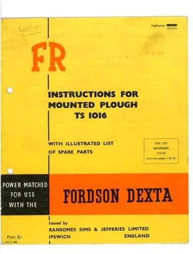 Ransomes TS1016 Mounted Plough Operators Manual with Parts List