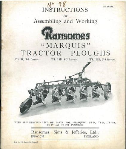 Ransomes TS18B TS19B TS34 Marquis Plough Operators Manual & Parts List