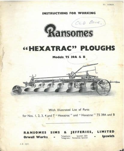 Ransomes TS39A & TS39B Hexatrac Plough Operators Manual with Parts List