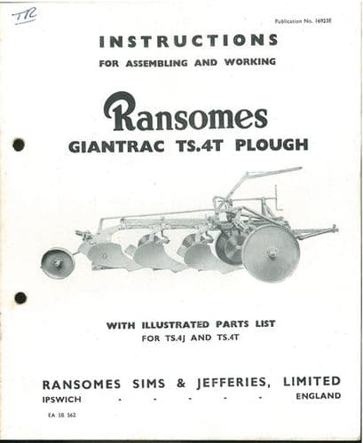 Ransomes TS4T Giantrac Plough Operators Manual with Parts List