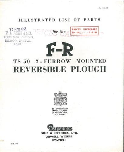Ransomes TS50 Mounted Reversible Plough Parts Manual