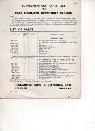 Ransomes TS50 Mounted Reversible Plough Supplementary Parts List.