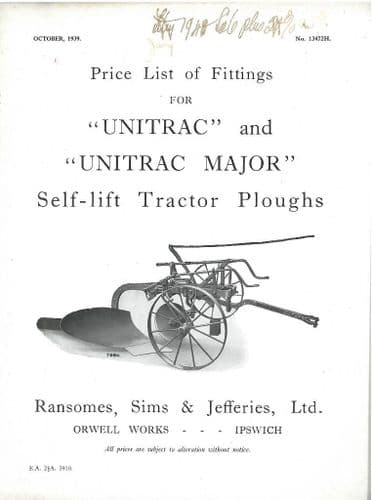 Ransomes "Unitrac" and "Unitrac Major" Self-lift Tractor Ploughs Parts Manual - Oct 1939