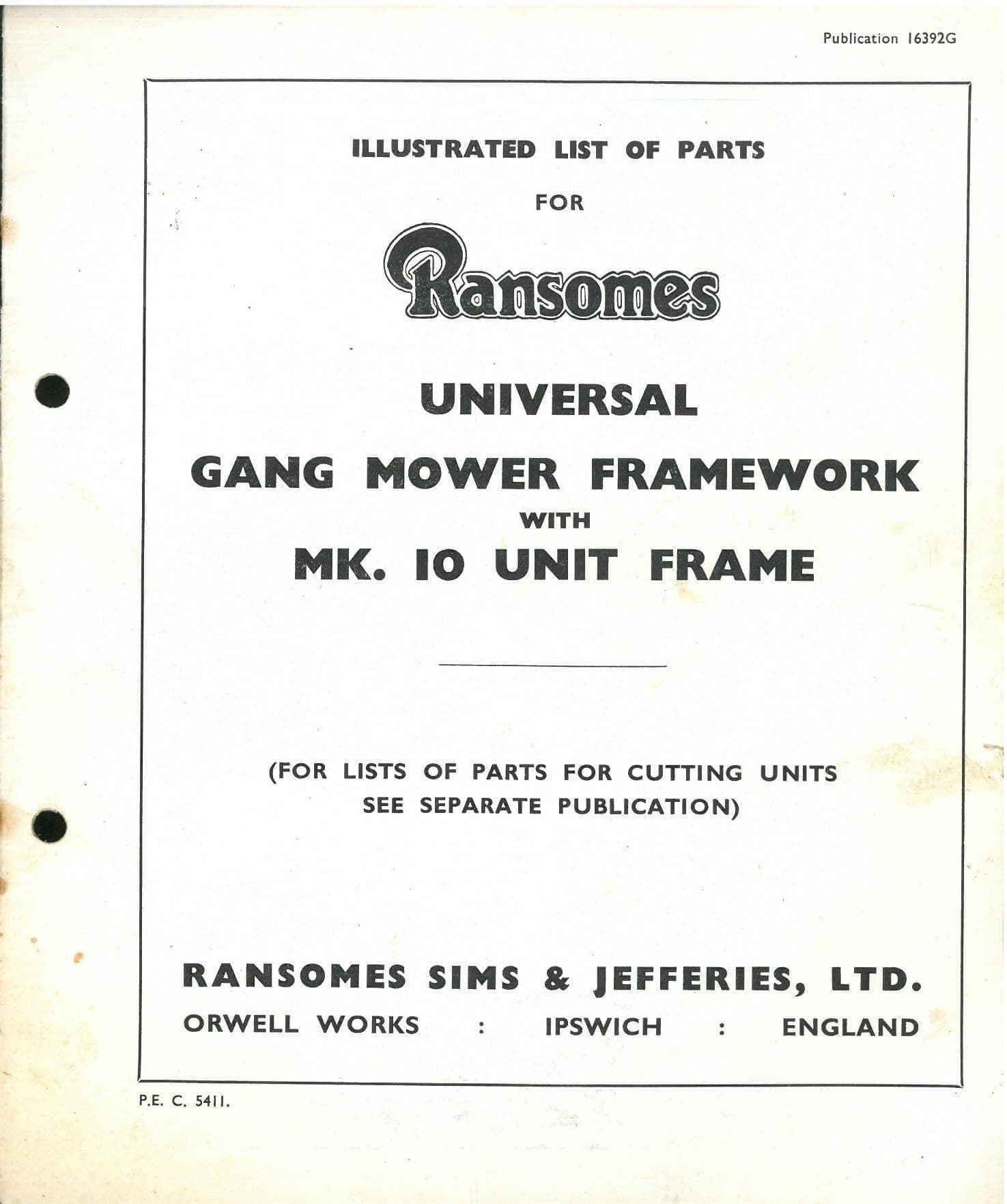 Ransomes  Universal Gang Mower Framework with Mk10 Unit Frame Parts Manual