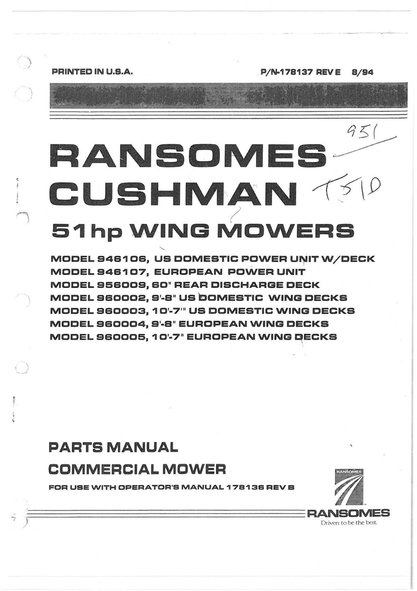 Ransomes Wing Mower T51-D Parts Manual