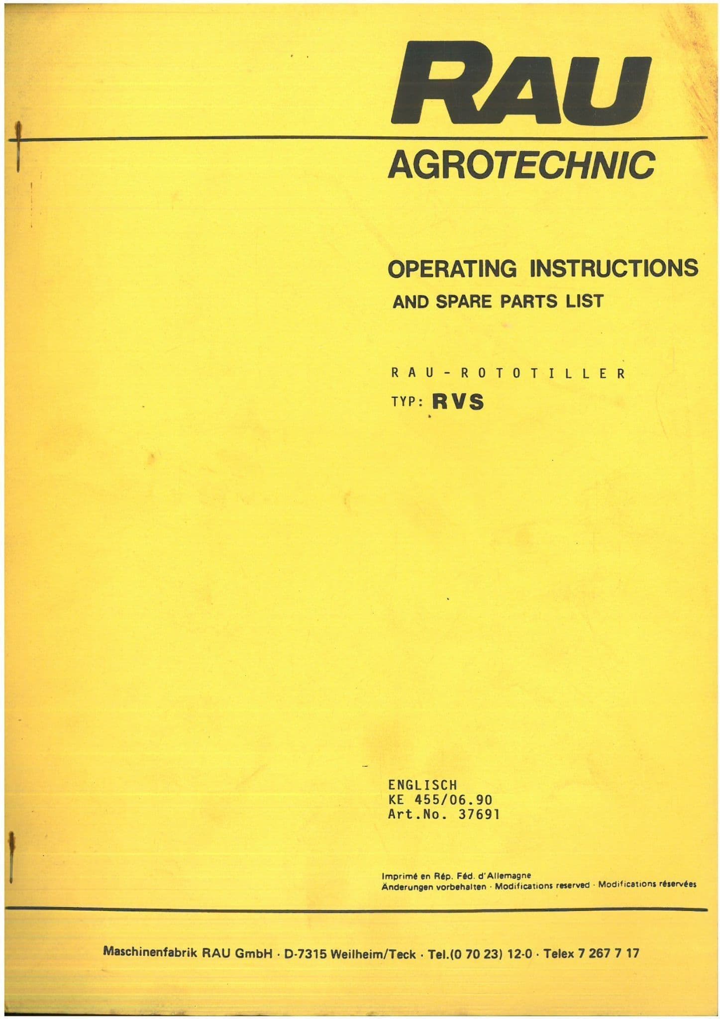 Rau Agrotechnic Rototiller RVS Operators & Parts Manual