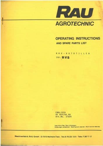 Rau Agrotechnic Rototiller RVS Operators & Parts Manual