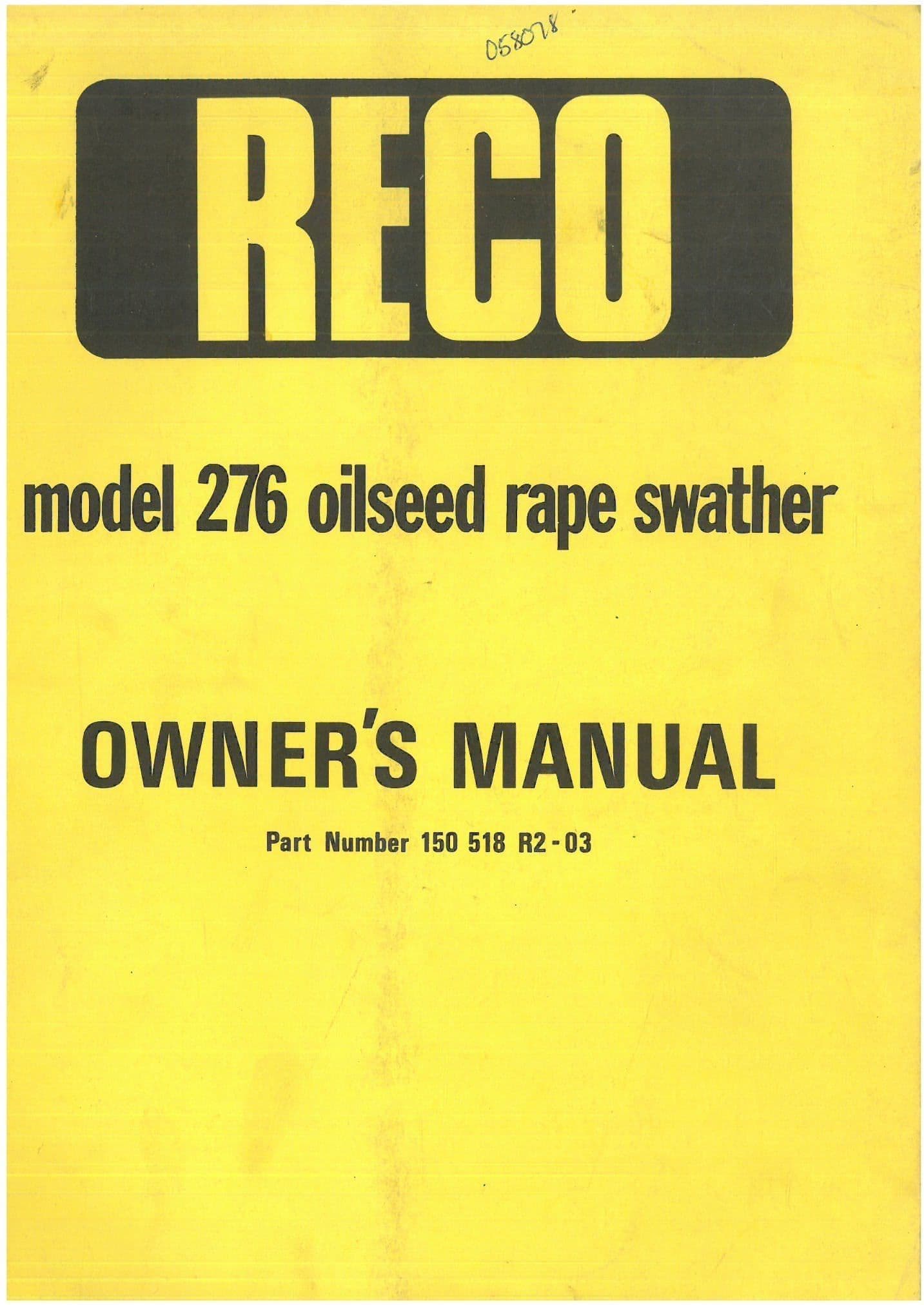 Reco Oilseed Rape Swather Model 276 Operators Manual