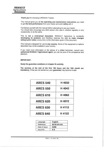Renault Ares Tractor 540, 550, 610, 620, 630, 640 Operators Manual
