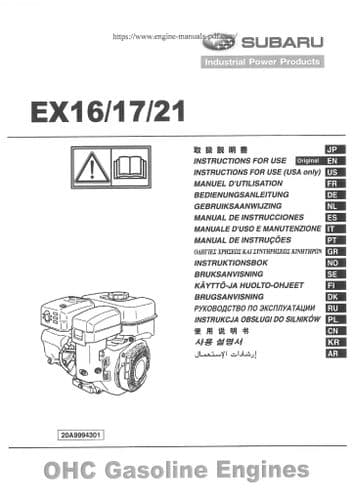 Robin America Inc Subaru Engine EX16 EX17 EX21 Operators Manual